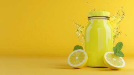 Sugarfree sports drink with lemon and mint, refreshing splash, 3D illustration