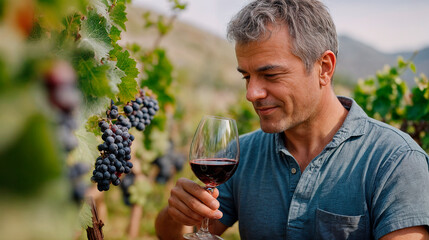 Fototapeta premium Man tasting wine in vineyard, Mendoza, Argentina, wine