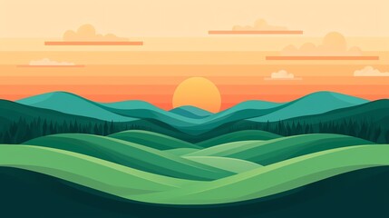 Obraz premium A serene landscape with rolling hills under a sunset sky, showcasing vibrant colors and tranquil nature elements.