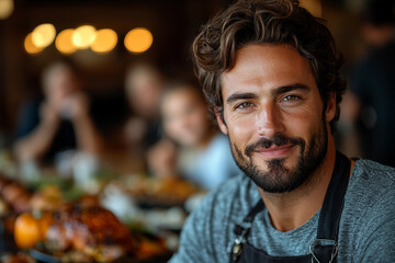 Generative AI portrait of happy big family Thanksgiving dinner table surrounded by multigenerational relatives at cozy home