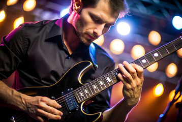 Obraz premium A focused guitarist plays passionately on stage, illuminated by vibrant lights, creating a dynamic atmosphere.