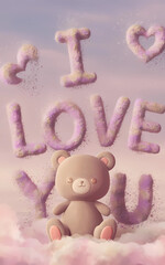 A 3D render of a cute, teddy bear-like animal sitting down. The animal is made of a soft, plush material and is sitting on a cloud. The background is a soft, pastel pink sky.