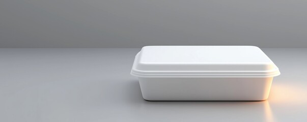 White food container on sleek gray surface with soft lighting, ideal for restaurant or takeout imagery.
