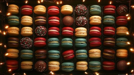 Christmas macarons decorated with festive colors and patterns, arranged in an elegant display with holiday lights and ornaments