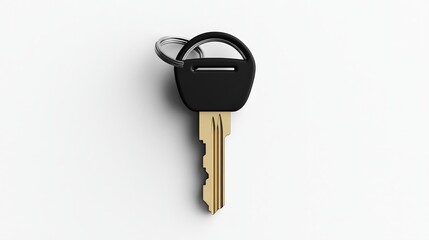 Car Key Close-Up: A classic car key with a black plastic head and a golden metal shaft, isolated on a white background. This simple yet powerful image conveys the feeling of freedom, opportunity.