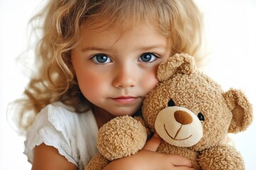A little girl holding a teddy bear in her arms
