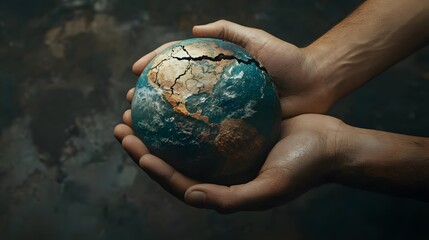 Earth held in hands, vibrant side meeting cracked, stark symbol of climate change, moody tones.
