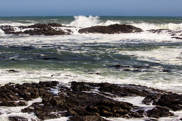 Waves breaking along throcky coastline of the Lüderitz peninsula along the Namibian coast.