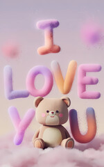 A 3D render of a cute, teddy bear-like animal sitting down. The animal is made of a soft, plush material and is sitting on a cloud. The background is a soft, pastel pink sky.