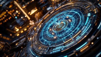 Futuristic countdown clock showcasing renewable energy and digital fireworks during New Year's celebrations