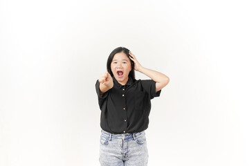 beautiful Asian woman shows a shocked expression, pointing outward while holding her head in surprise against a white background.