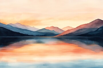 Fototapeta premium A serene watercolor landscape showcasing mountains reflected in a tranquil lake during sunset, evoking peace and beauty.