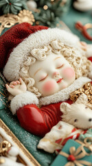 Obraz premium Sleeping Santa doll surrounded by festive decorations and gifts, AI