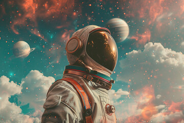 Glamorous astronaut in space with moon reflection on helmet, fantasy artwork in a pink cosmic retro scene, Generative AI