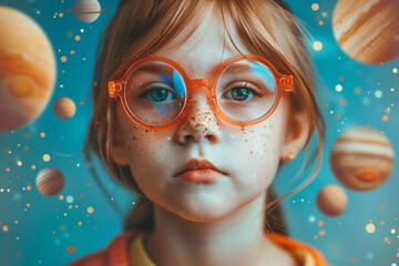 Child gazing at the cosmos in a retro-style space artwork collage, Generative AI blending imagination and wonder