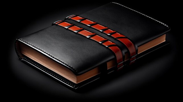 Elegant Leather-Bound Journal:  A luxurious, black leather-bound journal with intricate red stitching, evoking a sense of sophistication and refinement.  Perfect for capturing thoughts, ideas.