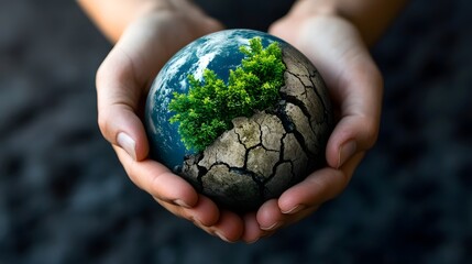 Fragile Earth held in gentle hands, half thriving with green, half cracked and dry, environmental awareness.