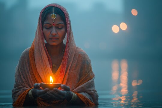 an indian women perform chhat pooja festival