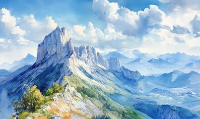 Naklejka premium Watercolor View of Mont Aiguille, South Vercors in the French Alps