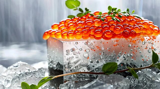 Red caviar of salmon or trout on a large block of ice.