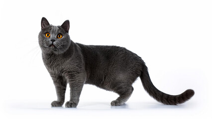A Chartreux cat stands on a white background.