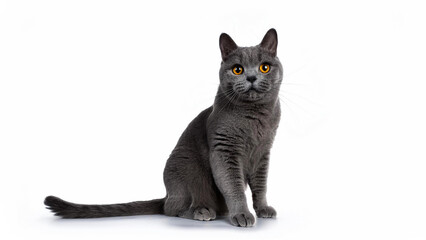 Chartreux cat sitting on white background.