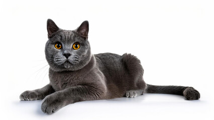Chartreux cat lying on white background.