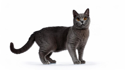 A Chartreux cat stands on a white background.