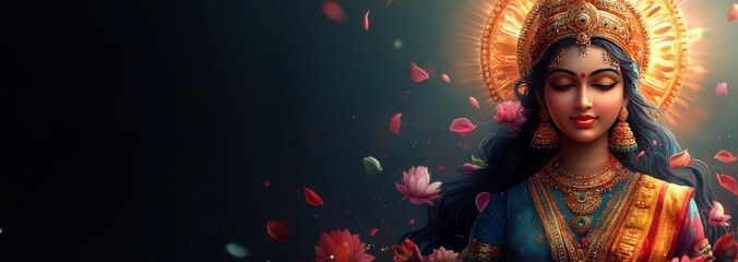 Fototapeta premium goddess laxmi with lotus flowers petal floating