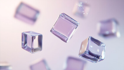 Floating transparent glass cubes against a soft purple background create an abstract visual effect in a serene atmosphere