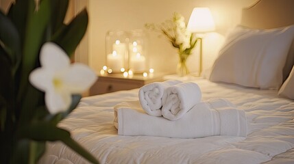 Elegant hotel bed with crisp white sheets and perfectly folded towels at the foot, surrounded by soft lighting and a modern, inviting room setup