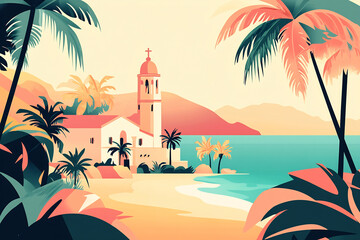 Obraz premium A serene coastal landscape with a charming church surrounded by palm trees and mountains at sunset
