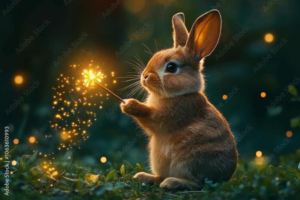 Aufkleber a whimsical bunny appears to create magical sparkles during dusk, invoking a sense of delight and fa