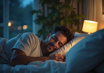 Peaceful Mature Man Sleeping Comfortably in Bed at Night