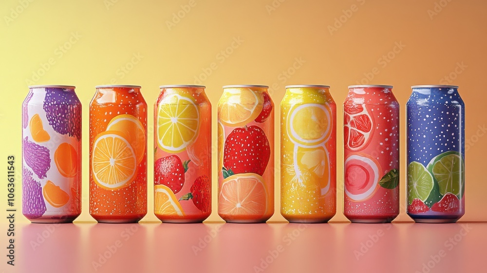 Wall mural Colorful tin cans filled with refreshing fruit drinks displayed against a pastel background in a bright and cheerful arrangement