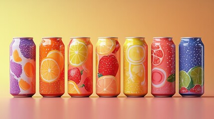 Colorful tin cans filled with refreshing fruit drinks displayed against a pastel background in a bright and cheerful arrangement