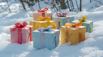 Colorful gift boxes with ribbons placed on snowy outdoor scene.