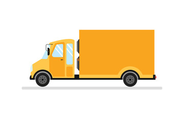 Express delivery service by cargo truck, delivery services commercial truck. Flat vector illustration yellow delivery van.