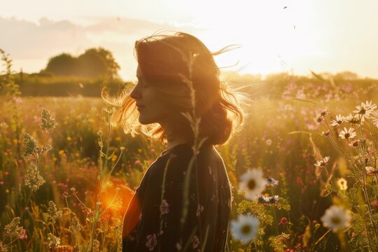 Woman standing in a sunlit field of wildflowers wind tousling her hair gently. - Powered by Adobe