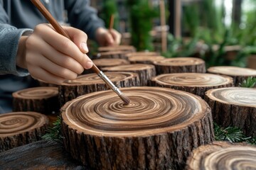 Obraz premium DIY Winter Decor Family Painting Holiday Messages on Wood Slices, Unique Creative Gift Ideas for Christmas, New Year, and Winter Holidays