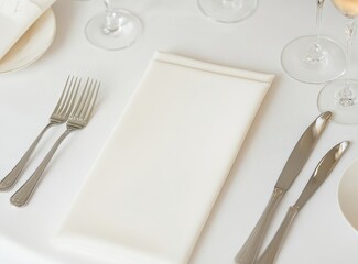 Formal table setting with polished silver cutlery, a neatly folded white napkin, and wine glasses arranged on an elegant white tablecloth.