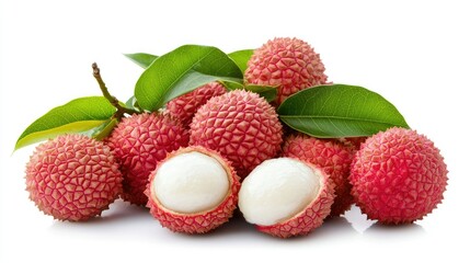 Fresh lychee with bumpy, textured red skin and juicy white flesh inside, isolated on a bright white background, highlighting ripeness.