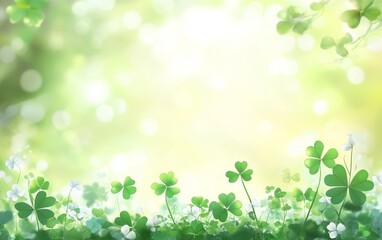 Obraz premium A serene, green landscape filled with clovers and soft bokeh lighting, evoking tranquility and nature.