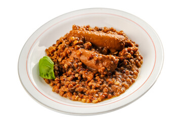 Lentil with sausages tasty food dish second course аresh delicious gourmet food background on the table rustic food top view copy space top view