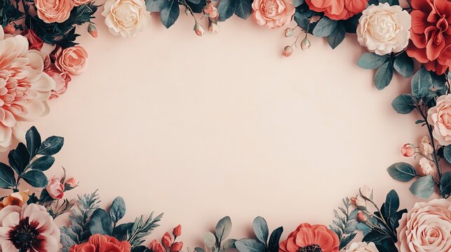 Beautiful floral frame featuring soft pink and peach blooms against a light background, perfect for invitations or card designs.
