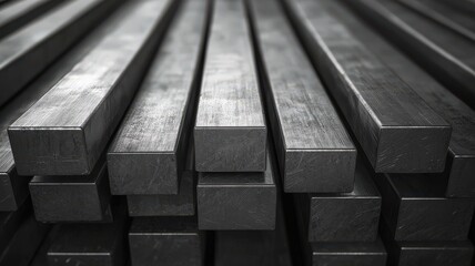 A close-up view of stacked black metal beams, showcasing their texture and uniformity in a construction or industrial setting.