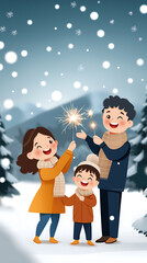 Naklejka premium Families celebrate a joyful new year together with sparklers in winter wonderland