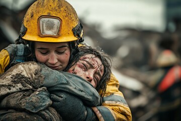 Fototapeta premium This powerful image shows a firefighter offering comfort to a woman recently rescued from a disaster area, highlighting the bond formed in moments of crisis.