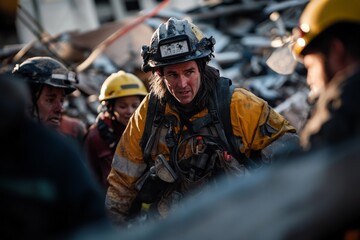 Fototapeta premium A committed rescue crew works tirelessly in safety gear amid wreckage and chaos, demonstrating unwavering resolve and teamwork to achieve their life-saving mission.