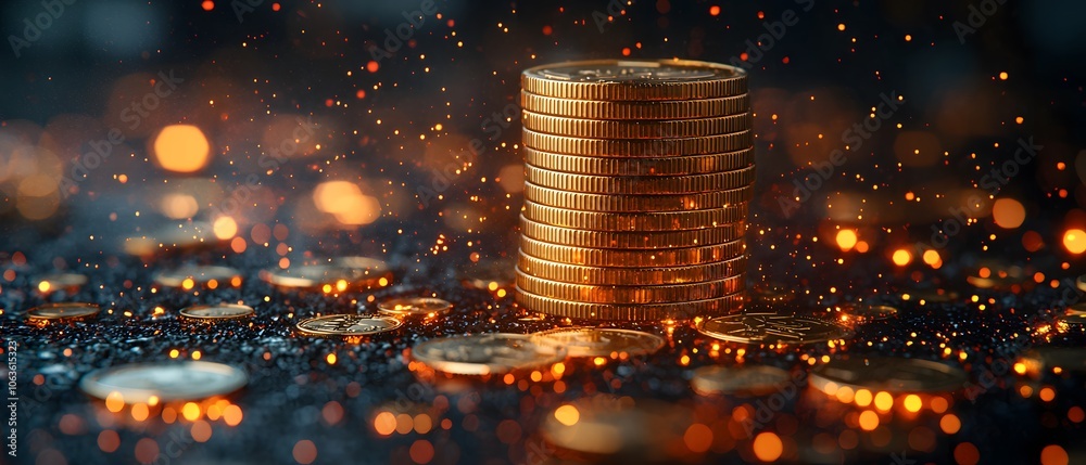 Aufkleber stacked coins with glowing particles on dark background